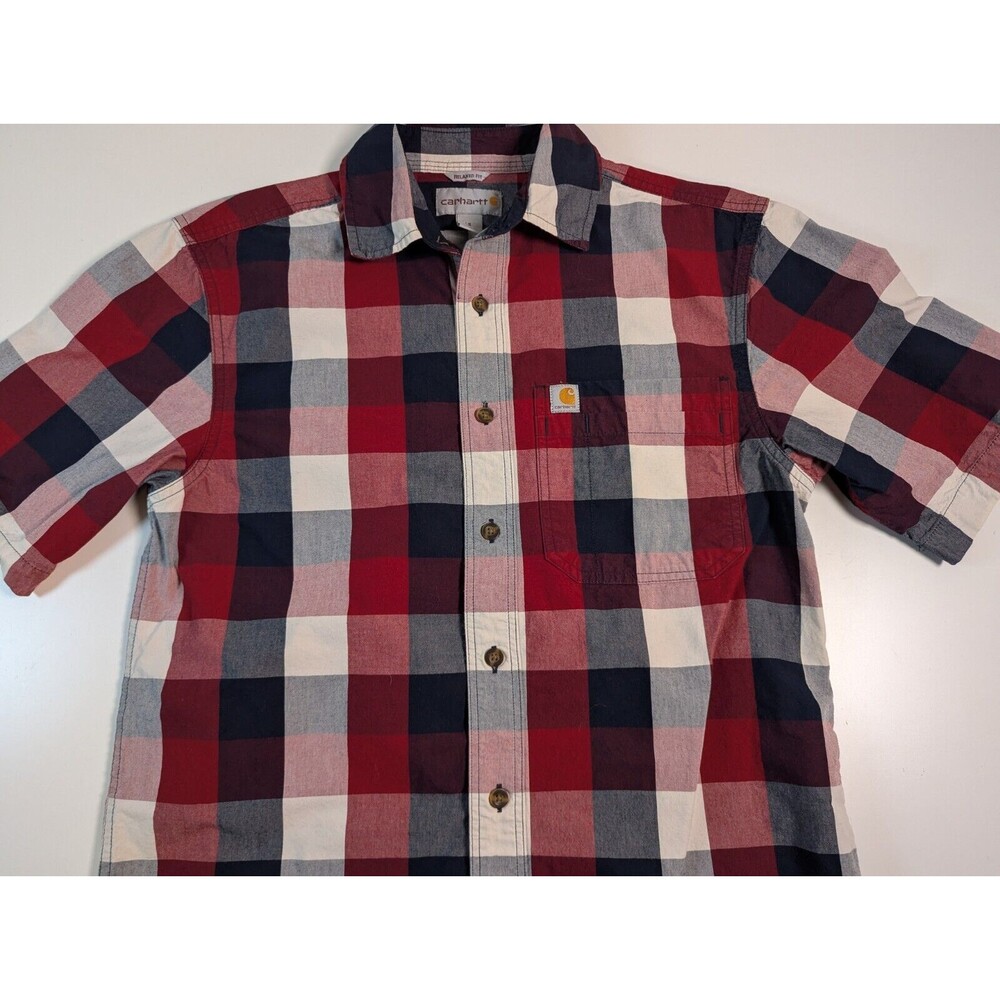 CARHARTT Red, White, & Blue Button Up Shirt Men's Sm Relaxed Fit Short Sleeve